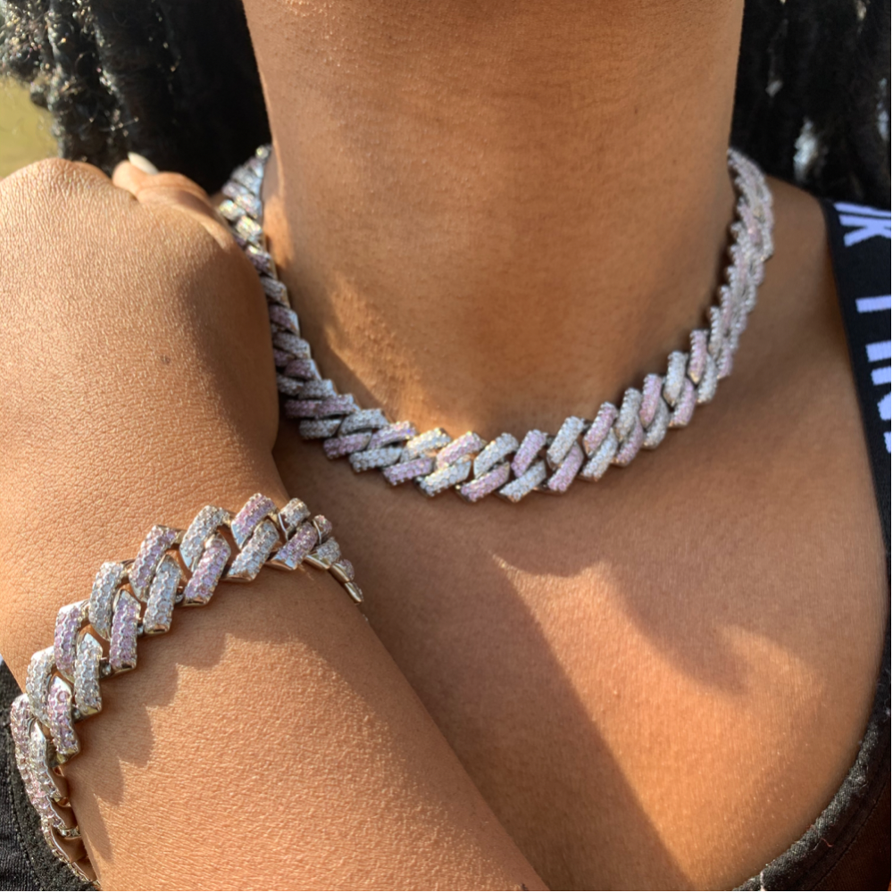 Prong Cuban Link Chain Choker Necklace newest Bracelet SET